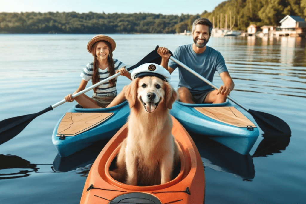 people and dog enjoying on paddle board